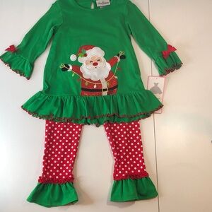 NWT Rare Editions two piece set Glittery Santa top Red Polka Dot Pants ruffles 6